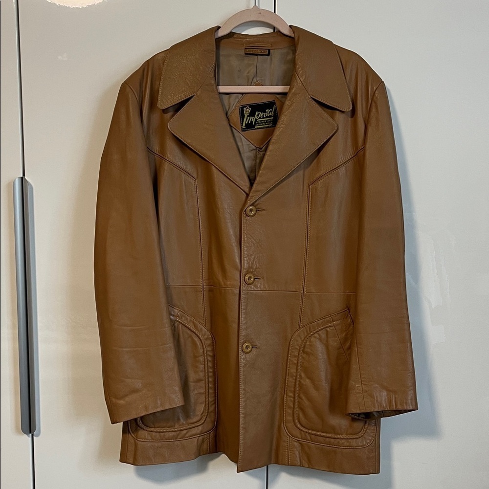 Vintage Tan Leather Jacket Lapel Collar Button Closure, Size L